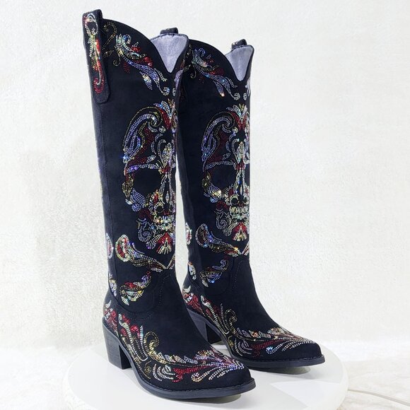 Muerto Country Western Cowgirl Boots Sparkling Iridescent Rhinestones Skull Red